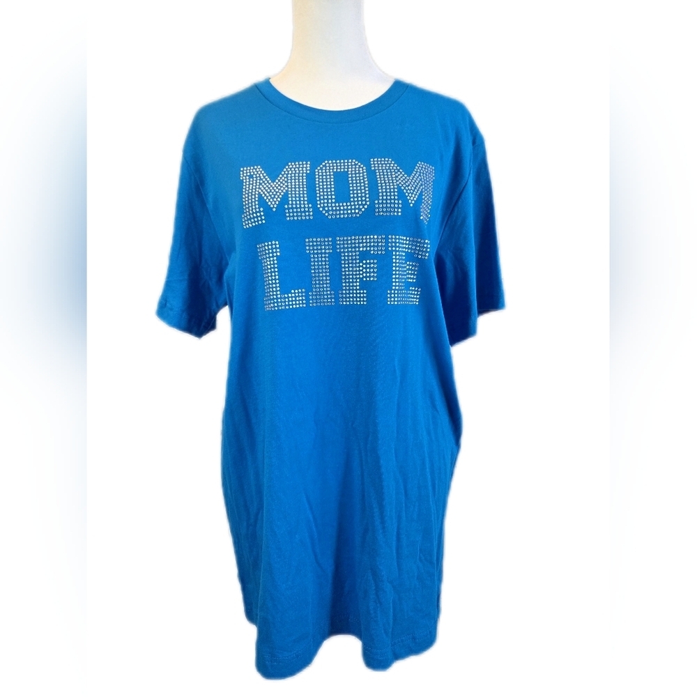 Bella Canvas Blue 'MOM LIFE' Short Sleeve Tee with Rhinestone Dots